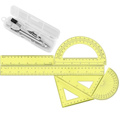 Zonon 7 Pcs Geometry Set with Drawing Compas, 6&4 Inch Protractors, Yellow - color: Yellow