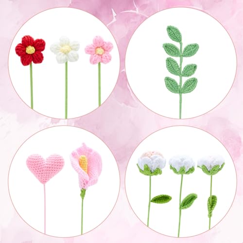 INFUNLY 15 Set Valentine's Day Crochet Flower Bouquet Kit Pink White DIY Crochet Rose Kit for Beginners Handmade Artificial Knitted Bouquet with Step-by-Step Tutorial for Wedding Bridal Decor - style: Pink Tulips Roses