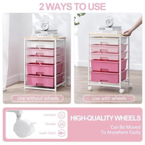 SYKIARIOL Utility Cart with Drawers,5 Drawers Storage Cart,Rose Pink - color: Rose Pink