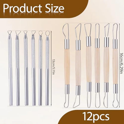 12PCS Double-Sided Clay Sculpting Tools, Wooden Handle Clay Carving Tools Clays Wire Loop Sculpture Set Clays Pottery Sculpting Tool Set for Ceramic, Carving Modeling - color: Silver + Wood