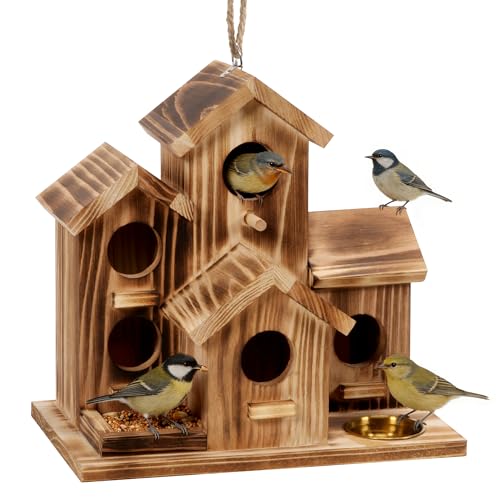 MIXXIDEA Bird House 5 Hole Bird Houses for Outside with Thickened Wooden Board，Birdhouse for Blue Bird Humming Bird and Chickadee Swallow. Hanging Edible Wild Bird Nest Garden Decorative
