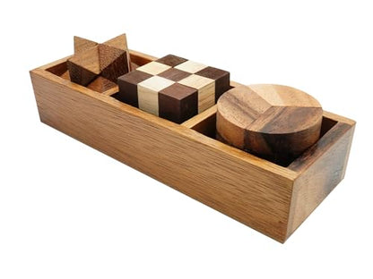 BSIRI 3 Puzzles in a Box - Wooden Brain Teaser Puzzle, 3D Mind Puzzle for Adults, Educational Senior Games, and Brain Games, Ideal for Birthday Gifts and Patio Décor - style: 3 Puzzle Set