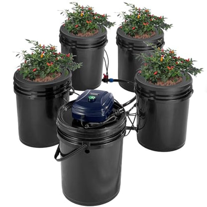 VEVOR RDWC Hydroponics Grow System, Hydroponic Growing Kit with Top Drip, Recirculating Deep Water Culture 4 Buckles and 1 Reservoir, with Air Pump and Water Level Device for Leafy Vegetables - style: 4 Buckets+1 Reservoir