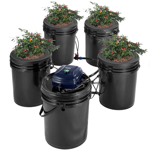 VEVOR RDWC Hydroponics Grow System, Hydroponic Growing Kit with Top Drip, Recirculating Deep Water Culture 4 Buckles and 1 Reservoir, with Air Pump and Water Level Device for Leafy Vegetables - style: 4 Buckets+1 Reservoir