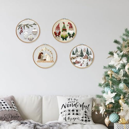 LB Christmas Embroidery Kit for Beginners: 4-Piece Cross Stitch Set with Green Plant, White Snowflake & Gnomes | Adults DIY Starter Kit Includes Hoop, Threads and Tools - color: White and Green