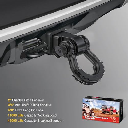 Nilight 3/4" Anti-Theft D Ring Shackle Hitch Receiver 2" Solid Towing Kit | 45000 LBs Breaking Strength 5/8" Trailer Hitch Lock Pin Heavy Duty Solid Towing Kit for Trucks Off Road Black - color: Hitch w/ Lock Pin Black