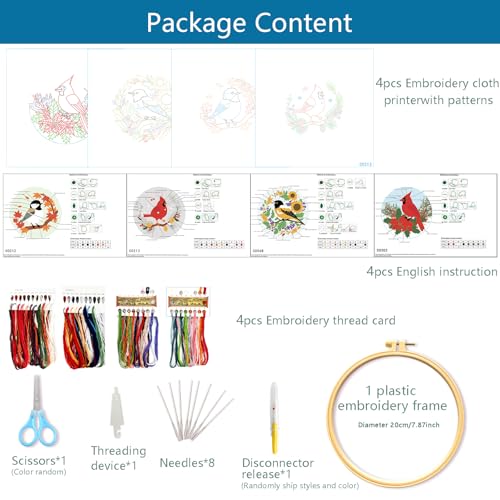 Zhenqing 4-Piece Bird Embroidery Kit for Beginners, Cardinal and Chickadee Pre-Printed Needlework Set with Hoop, Threads & Tools (C0255) - color: 4 Seasons Bird Embroidery