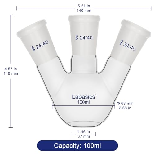 Labasics Borosilicate Glass 3 Neck Flat Bottom Boiling Flask with 24/40 Joints, for Lab Experiments, Distillation and Reflux Systems, 100ml - size: 100 ml