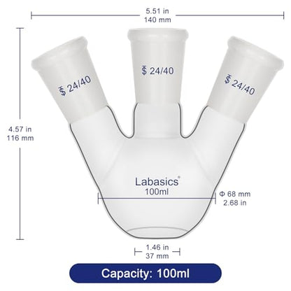 Labasics Borosilicate Glass 3 Neck Flat Bottom Boiling Flask with 24/40 Joints, for Lab Experiments, Distillation and Reflux Systems, 100ml - size: 100 ml