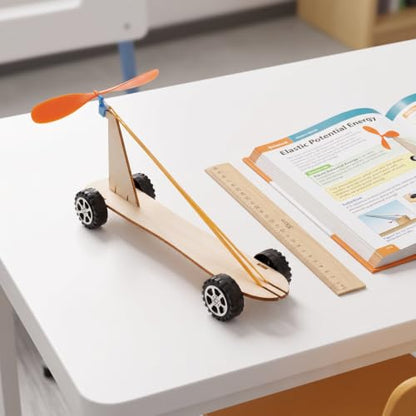 Garneck 1Set Wooden Wind Powered Car Kit Handcraft Puzzle Science Experiment for Rubber Band Power Model Stem Educational Tool