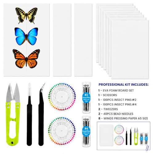 Insect Pinning Kit for Beginners, Complete Bug Specimen Mounting Tools with Combination EVA Foam Board, Wing Spreading Paper, Insect Pins, Tweezers & Scissors, Butterfly Mounting Kit for Entomology - size: Insect Specimen Tools