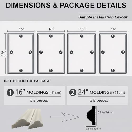 4 Set Peel and Stick Wall Molding Kit, Pre-Cut Mitered Picture Frame Molding for Wall (16" x 24"), DIY Wainscoting Wall Trim, Paintable Rigid PS Trim, 4 Panels, White - size: 16'' × 24''