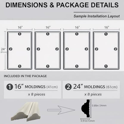 4 Set Peel and Stick Wall Molding Kit, Pre-Cut Mitered Picture Frame Molding for Wall (16" x 24"), DIY Wainscoting Wall Trim, Paintable Rigid PS Trim, 4 Panels, White - size: 16'' × 24''