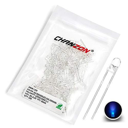 CHANZON 100 pcs 3mm Purple UV LED Diode Lights (DC 3V 20mA) - color: I) Uv 395nm, size: 3mm Round Top