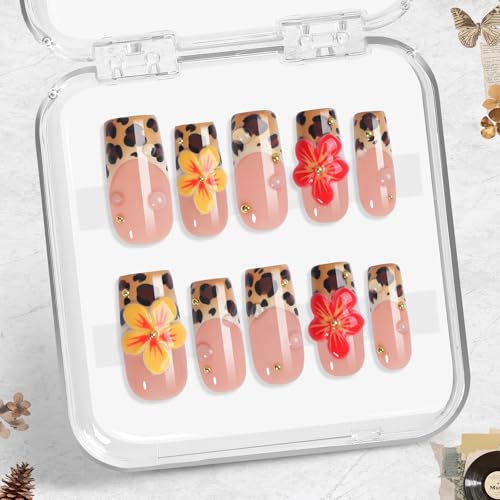 Leopard French Press-On Nails 10pcs, Handmade Acrylic Square Tips with 3D Blossom Flowers, Reusable Full Cover Nail Set for Trendy Everyday Style – Appife - color: Untamed Bloom, size: M