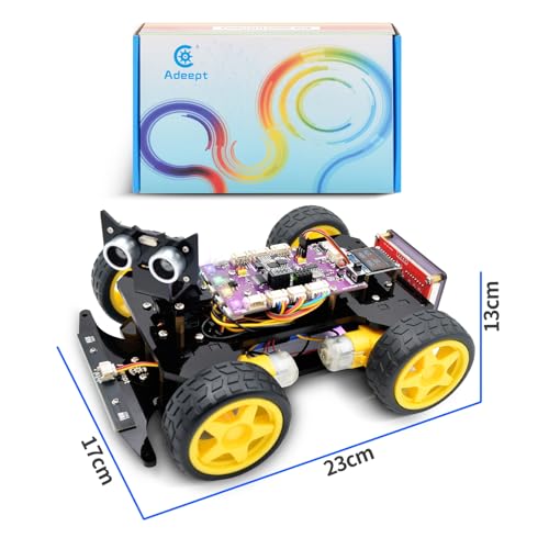Adeept 4WD Smart Car Kit(Compatible with Arduino IDE), Line Tracking, Light Tracing, Obstacle Avoidance, Servo Motor, OLED Display, Buzzer, LED Dot Matrix Display - style: Ordinary Wheels