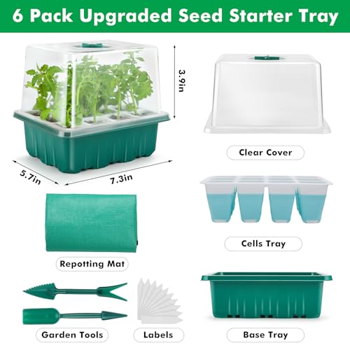 Hanaoyo Reusable Seed Starter Tray with 72 Soft Silicone Cells, 6 Pack Seed Starter Kit with Repotting Mat, Humidity Dome and High Lid, Germination Trays for Indoor Greenhouse Seed Starter - color: Blue-6 Pack