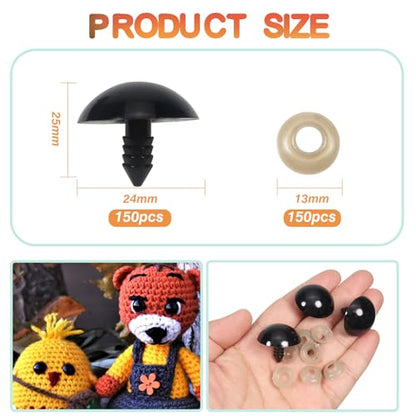 TOAOB 150pcs 24mm Large Safety Eyes for Amigurumis Black Plastic Crafts Doll Eye with 150pcs Washers for DIY Crochet Stuffed Animals Doll Making Supplies - size: 24mm