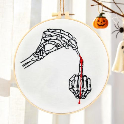 Gothic Embroidery Starter Kits for Adults Beginners, Halloween Embroidery Kits, Hand Bone Cross Stitch Kits Needlepoint Kits for Beginners Adults Woman Halloween Gifts, Embroidery Hoop, Video Tutorial - color: H2095
