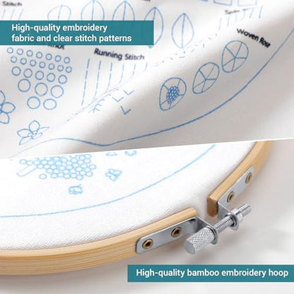 VIVIDOX 4 Sets Embroidery Kit for Beginners Adults, 35 Stitches Practice Kits Cross Stitch for Starter, DIY Hand Craft with Stamped Pattern, Bamboo Hoop, Threads, Needles, Scissors, Tools, Instruction - color: 35 Stitches Practice Kit (with 1 Hoop)