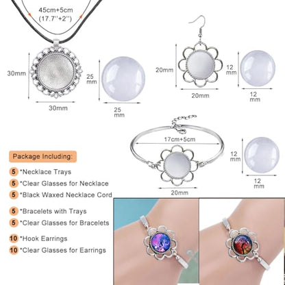 Pendant Trays Set with Glass Cabochon for Jewelry Making Supplies, Floral - color: 8-Flower 01