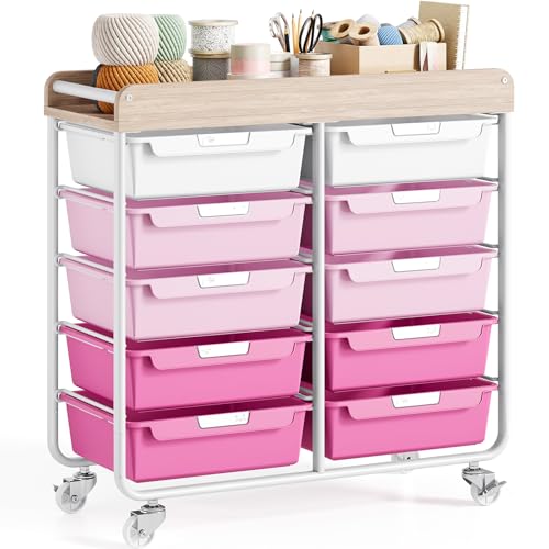 10 Drawers Rolling Cart with Wooden Tabletop, Utility Storage Cart with Wheels, Art Supply Craft Organizer on Wheel with Metal Frame & Handles for Home Office School,Pink - color: Pink