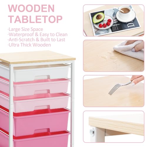SYKIARIOL Utility Cart with Drawers,5 Drawers Storage Cart,Rose Pink - color: Rose Pink