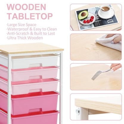 SYKIARIOL Utility Cart with Drawers,5 Drawers Storage Cart,Rose Pink - color: Rose Pink
