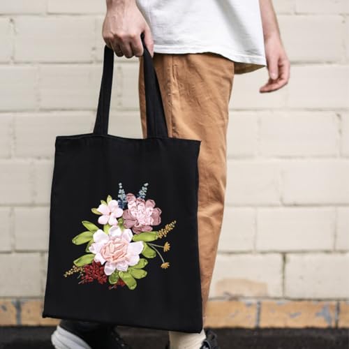Canvas Tote Bag Silk Ribbon Embroidery Kit for Beginners Arts DIY Crafts Starter Kit Include Stamped Bag Threads Hoop - color: Color #2, Black Bag