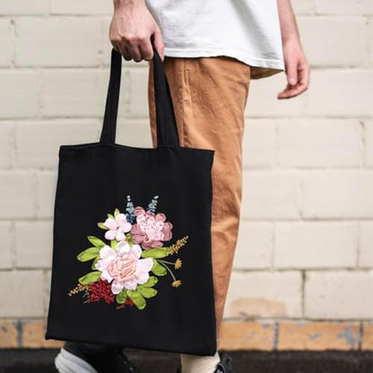 Canvas Tote Bag Silk Ribbon Embroidery Kit for Beginners Arts DIY Crafts Starter Kit Include Stamped Bag Threads Hoop - color: Color #2, Black Bag