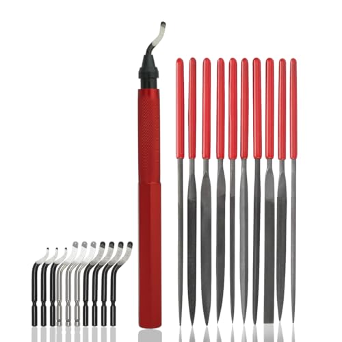 VASTOOLS Deburring Tool Kit,10Pcs Needle File,Metal Handle Deburring Tool for Metal Resin 3D Plastic Copper Aluminum Pipes Tube Hole with Extra 10pc Multiuse Blades Removing Burr - style: Deburr w/10 Files