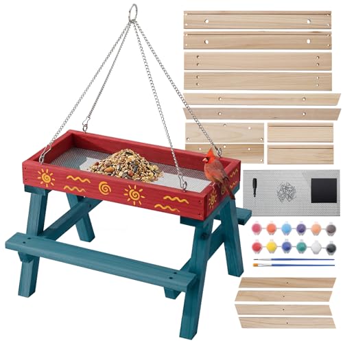 DIY Bird Feeder Kit for Kids and Adults, Wooden Picnic Table Hanging Bird Feeder Craft Kit with Paints, Brushes for Backyard Garden Bird Watching