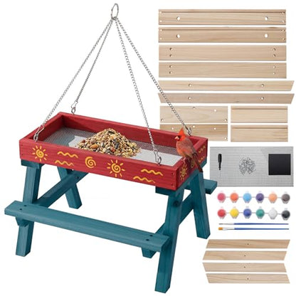 DIY Bird Feeder Kit for Kids and Adults, Wooden Picnic Table Hanging Bird Feeder Craft Kit with Paints, Brushes for Backyard Garden Bird Watching