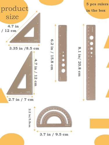 Metal Geometry Set, 5-piece Aluminum Ruler, Math Drafting Ruler Kit Includes Protractor, Triangle Rulers, Straight Rulers-Math Measurement Tools for School and Office Supplies (Gold) - color: Gold
