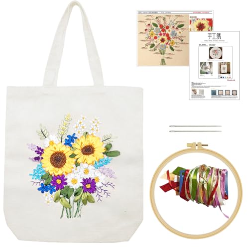 Canvas Tote Bag Silk Ribbon Embroidery Kit for Beginners Arts DIY Crafts Starter Kit Include Stamped Bag Threads Hoop - color: Color #2, Beige Bag