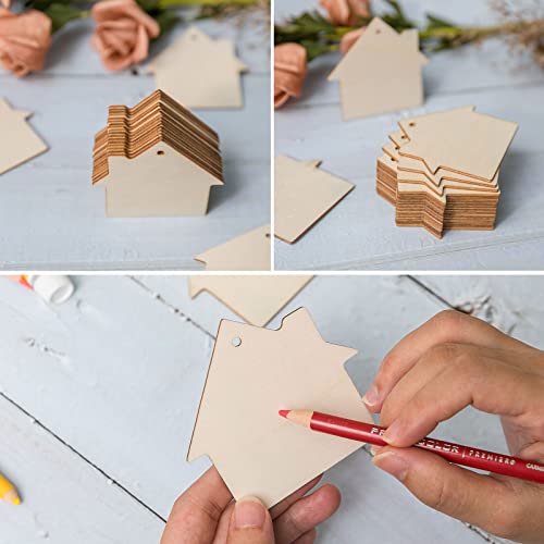 House Shape Hanging Wood House Unfinished Wood with Twines DIY Craft Ornament for Christmas Wedding Birthday Thanksgiving Party Decoration 20Pack