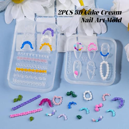 2 Pcs Cream Silicone Nail Molds, 3D Cake Icing Nail Art Mould with Embossed Piping Designs for Gel & Resin, Heart Lace Charms Clear Modeling Templates Nails Mold for Home Salon, Birthday & DIY Craft - color: Cake Cream