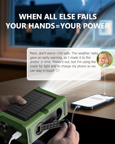 Emergency Weather Radio with Large Solar Panel, Real 12000mAh Battery - color: Army Green
