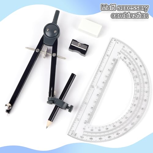 Unjoo Professional Metal Compass for Geometry Set, Math Protractors (Black) - color: Black