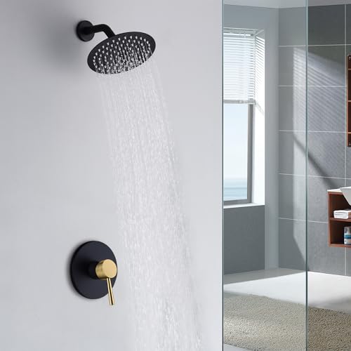 SUMERAIN Shower Faucet Set Black and Gold, 8" Stainless Steel Rain Shower - color: Black and Gold, size: Solid Brass Valve