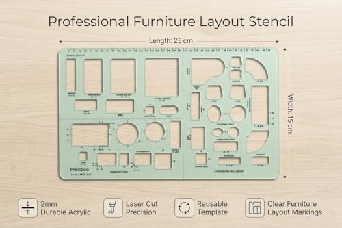 Printtoo Furniture Layout Stencil, 2mm Acrylic Reusable Interior Design Template with Bed, Sofa, Table, Kitchen & Living Room Symbols for Architecture Floor Plans, Drafting and Home Planning - color: Series-PRTD-2837A