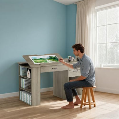 Drafting Table with Storage Cabinet & Drawers, Adjustable Drawing Table with Open Shelves, Craft Art Desk for Artists, Painters, Drawing, Crafting, Reading, Writing, Working (Grey) - color: Grey