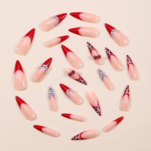 Stiletto Press on Nails Long Red Fake NailLeopard Acrylic Nail Press ons Rhinestones Stick on Nails for Women 24pcs - color: Color22