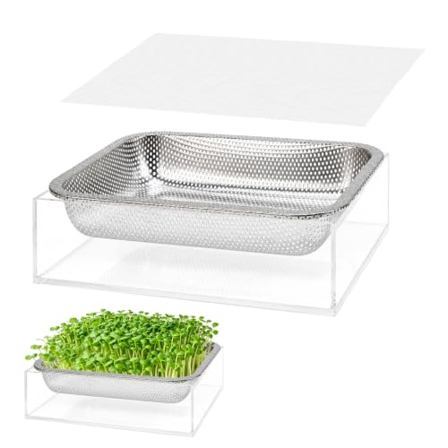 1 Pack Stainless Steel Seed Sprouter Tray Visual Soil-Free Cultivation Germination Tray with Acrylic Base Mesh Pads Seed Starter Tray Microgreens Growing Kit for Sprouts Beans Indoors Sprouting Seeds