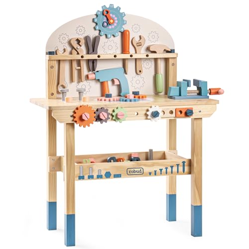 ROBUD Wooden Play Tool Workbench Set for Kids, Construction Toy Bench