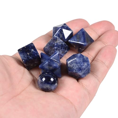 7-Piece Sodalite Natural Crystal Geometry Collection Healing Crystals Kit Sacred Geometry Platonic Solids Geometric Set Tumbled Stones Specimen Collection - style: Sodalite