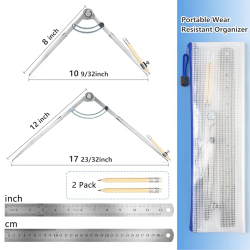 WORKLION Woodworking Compass Geometry Set - Large Locking Pencil Compass for Drawing Circles, Professional 8 Inch Woodworking Compass with 2 Pencils and a 12inch Ruler, Perfect for Precision Geometry. - size: 8 Inch