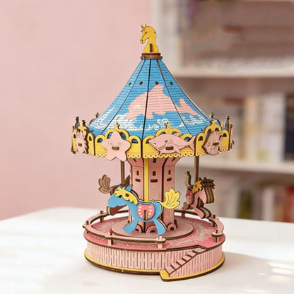 3D Wooden Carousel Puzzle, DIY Handcraft Merry‑Go‑Round Model Kit