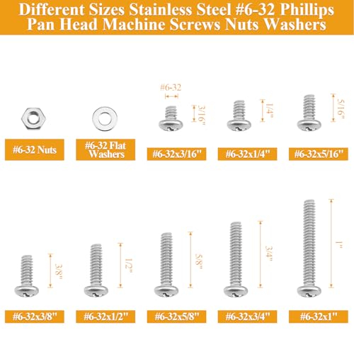 244 Pieces #6-32 x 3/16", 1/4", 5/16", 3/8", 1/2", 5/8", 3/4", 1", Phillips Pan Head Machine Screws Nuts Washers Assortment Kit - size: #6-32, style: Phillips Pan Head