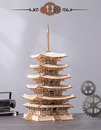 ROBOTIME 3D Puzzle Wooden Craft Kits DIY Model Kit to Build Five-Storied Pagoda & Drum